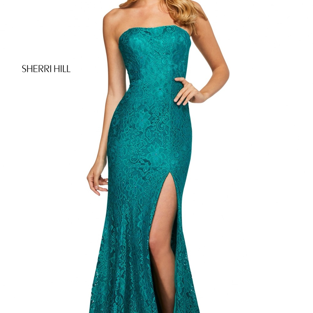 Sherri Hill Turquoise Strapless Lace Dress